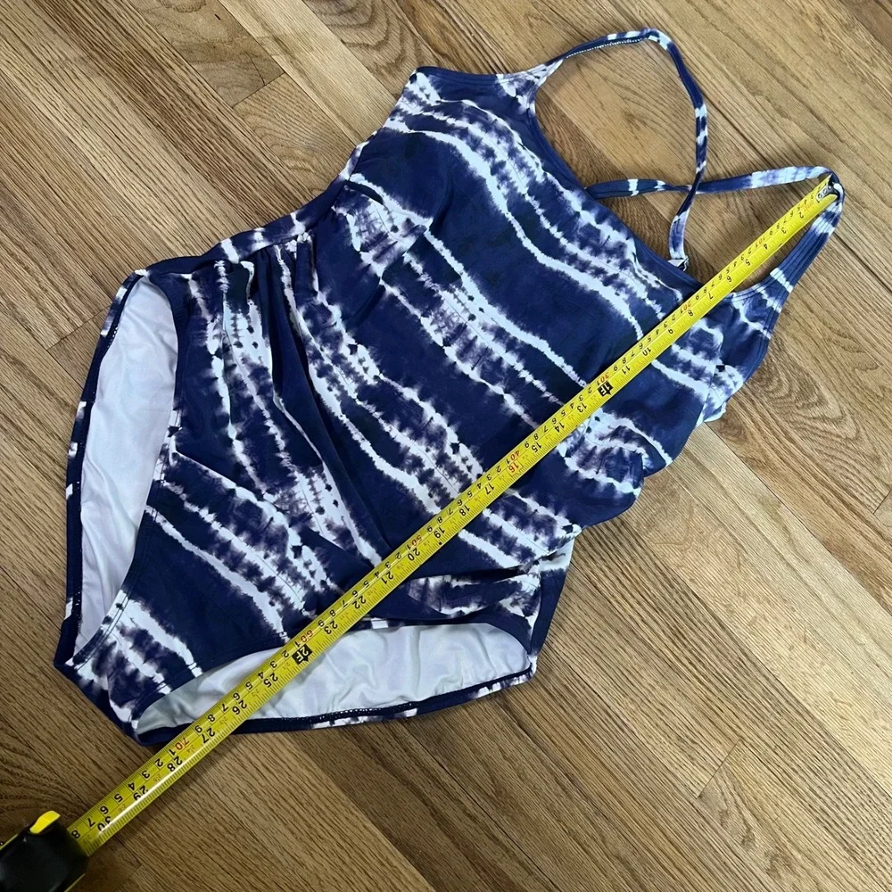 Nautica Womens Tie Dye‎ One Piece Swimsuit Blue White Ruched Shelf Bra XL